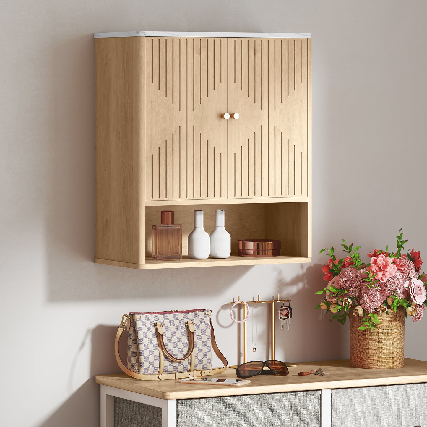 Nedo Wall Mounted Bathroom Storage Cabinet With Adjustable Shelving Oak Finish