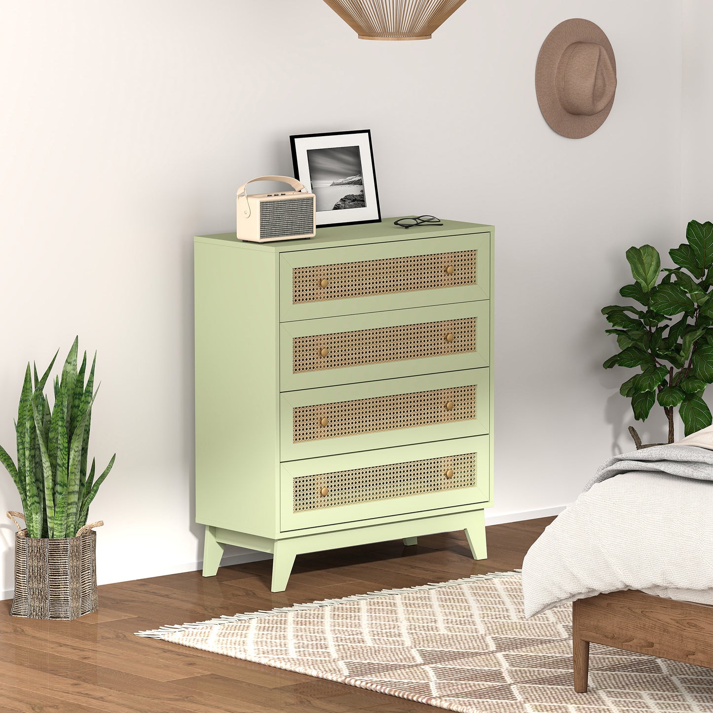 Raritte Wood And Rattan Light Green 4 Drawer Storage Chest With Woven Detail