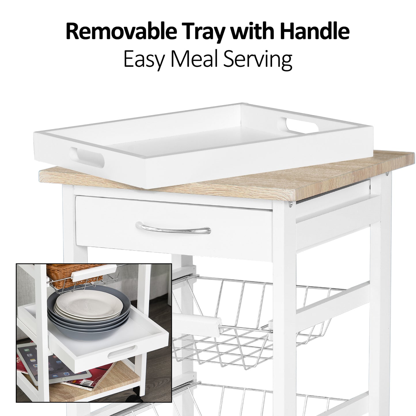 Dini Wooden White Mobile Kitchen Trolley With Baskets Shelves And Wheels