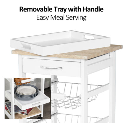 Dini Wooden White Mobile Kitchen Trolley With Baskets Shelves And Wheels