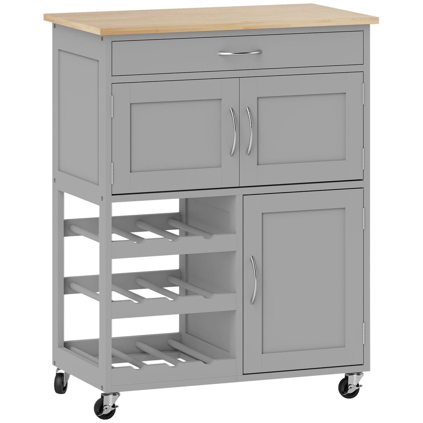 Lehari Grey Wooden Rolling Kitchen Island With Drawer Wine Rack Door Cabinets And Natural Wood Top