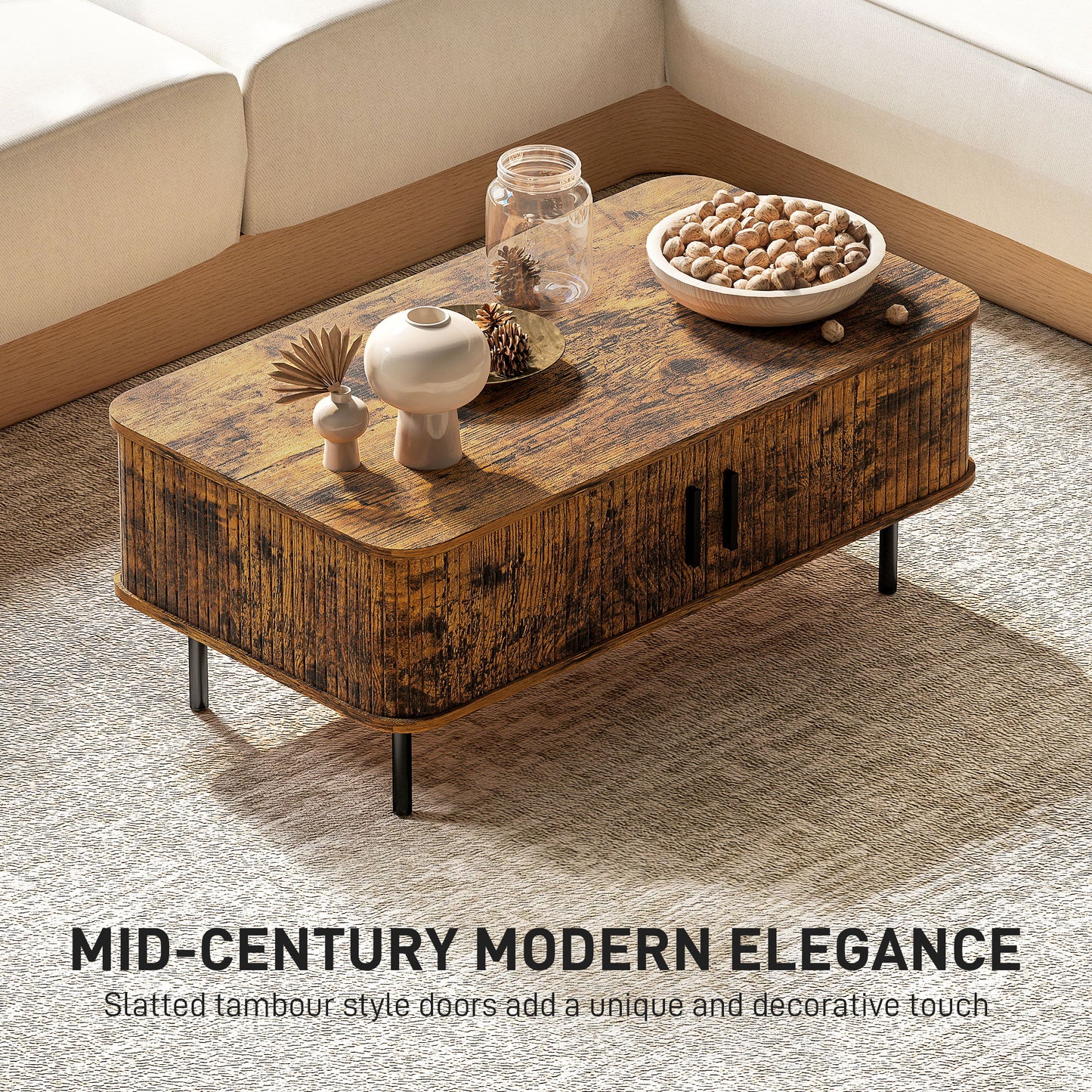Ninoma Wooden Rustic Brown Rectangular Coffee Table With Tambour Doors