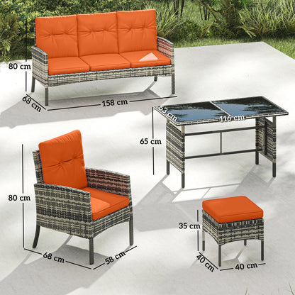 Lodori Grey Rattan 7 Seater Outdoor Dining Set with Orange Cushions And Table