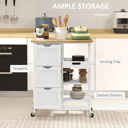 Lonoronno Wooden White Compact Rolling Kitchen Island With Natural 3 Shelves 3 Drawers