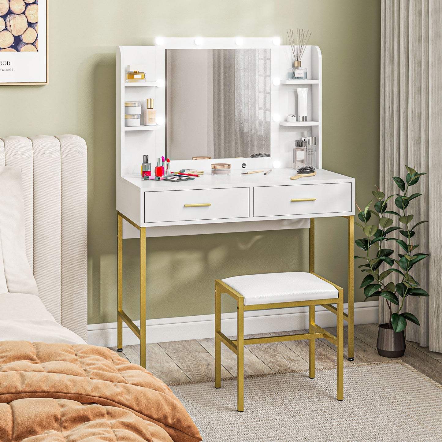 Doraro White LED Dressing Table With Lighted Mirror Cushioned Stool Drawers And Shelves