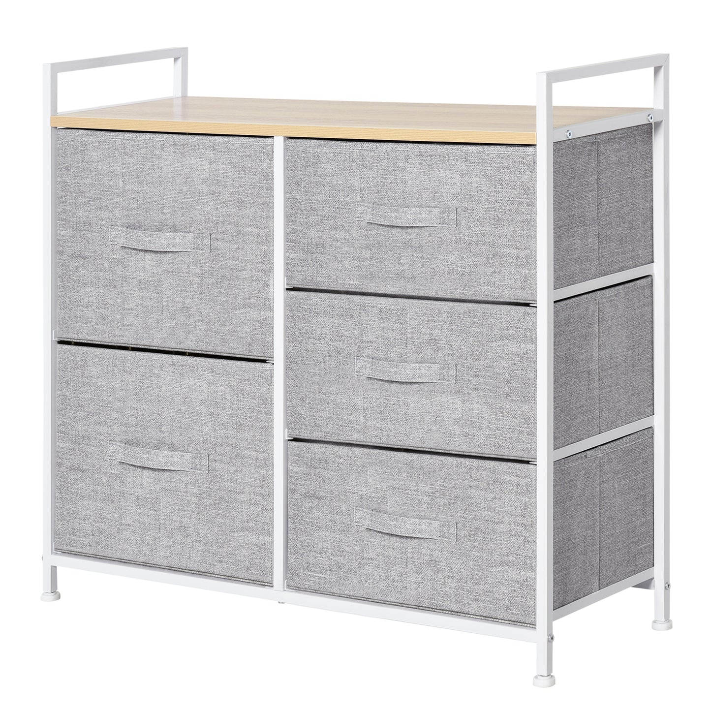 Vepapa White Metal And Grey Fabric 5 Drawer Linen Basket Storage Unit With Natural Wooden Top Shelf