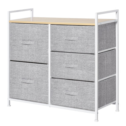 Vepapa White Metal And Grey Fabric 5 Drawer Linen Basket Storage Unit With Natural Wooden Top Shelf