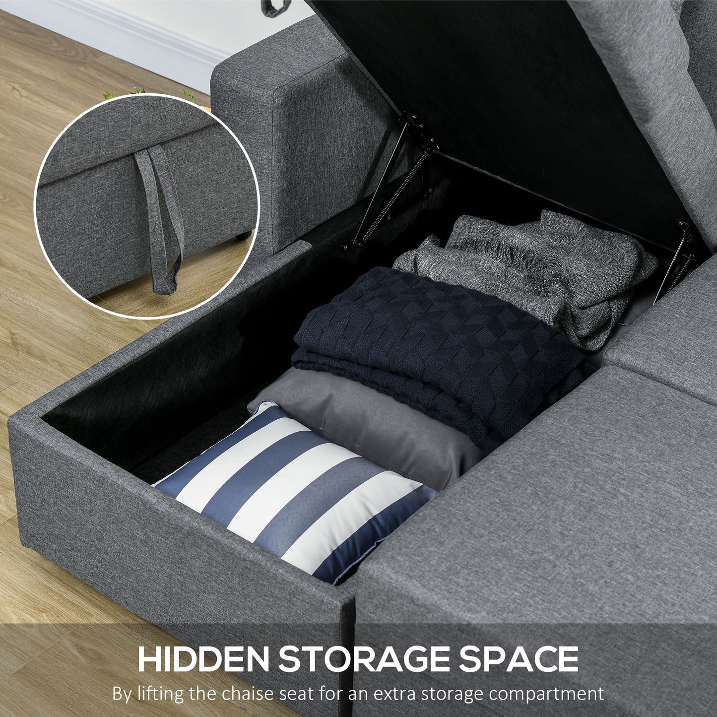 Kesosu Dark Grey Upholstered 3 Seater Sofa Bed With Built In Storage