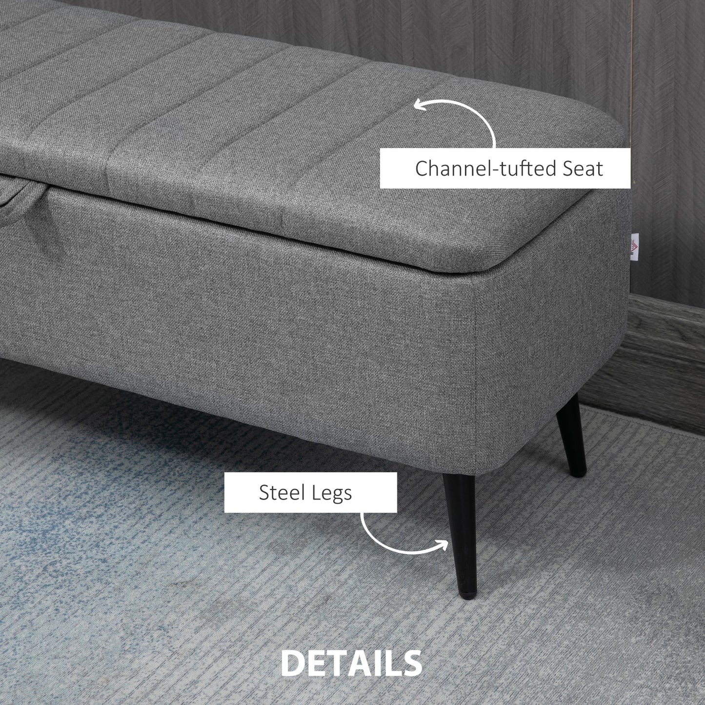 Kala Fabric Grey Rectangular Storage Ottoman Bench With Flip Top And Steel Legs