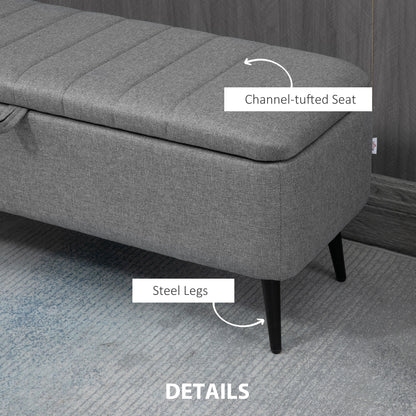 Kala Fabric Grey Rectangular Storage Ottoman Bench With Flip Top And Steel Legs