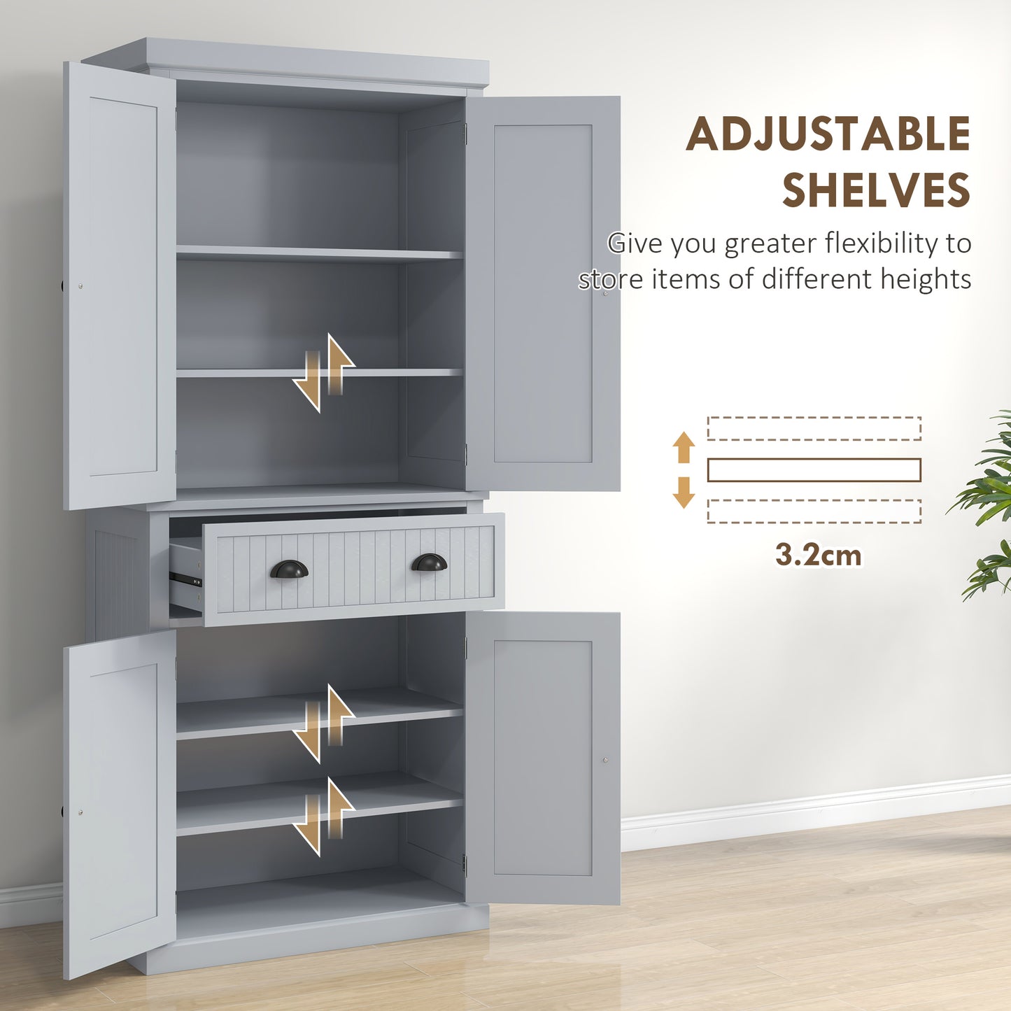Somoel 183cm Wooden Grey Mid Century Panelled Storage Kitchen Cabinet Pantry