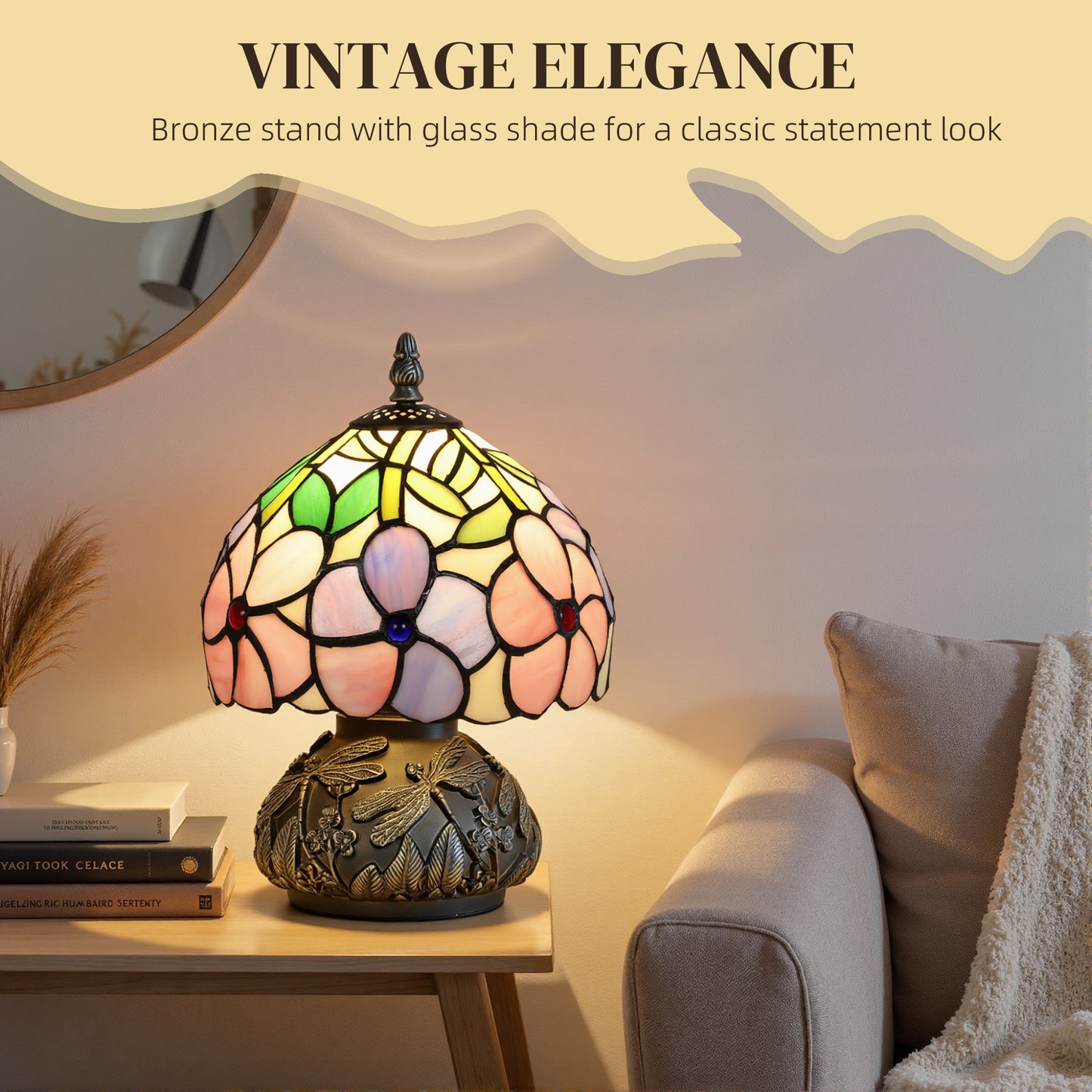 Fasa Glass And Metal Pink Tiffany Dragonfly Table Lamp With Brass Base