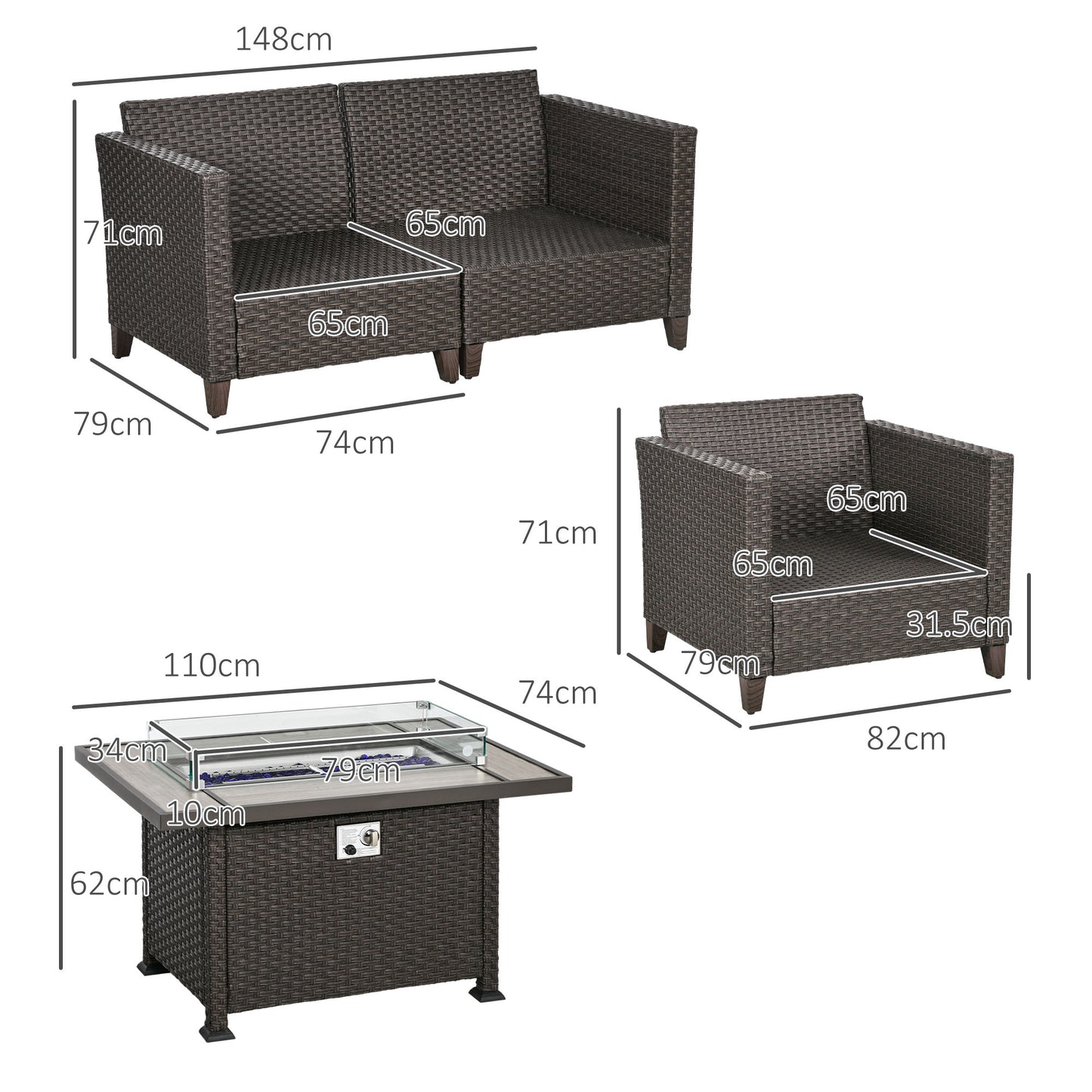 Nerato Brown Rattan 4 Seater Garden Furniture Set With Gas Fire Pit Table