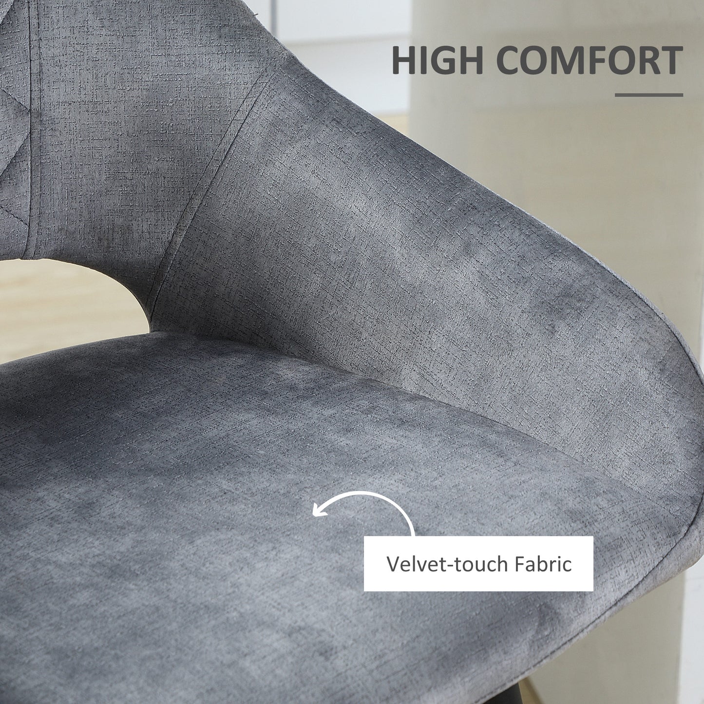 Zire Set Of 2 Grey Velvet Fabric Counter H8 Bar Chairs With Steel Legs