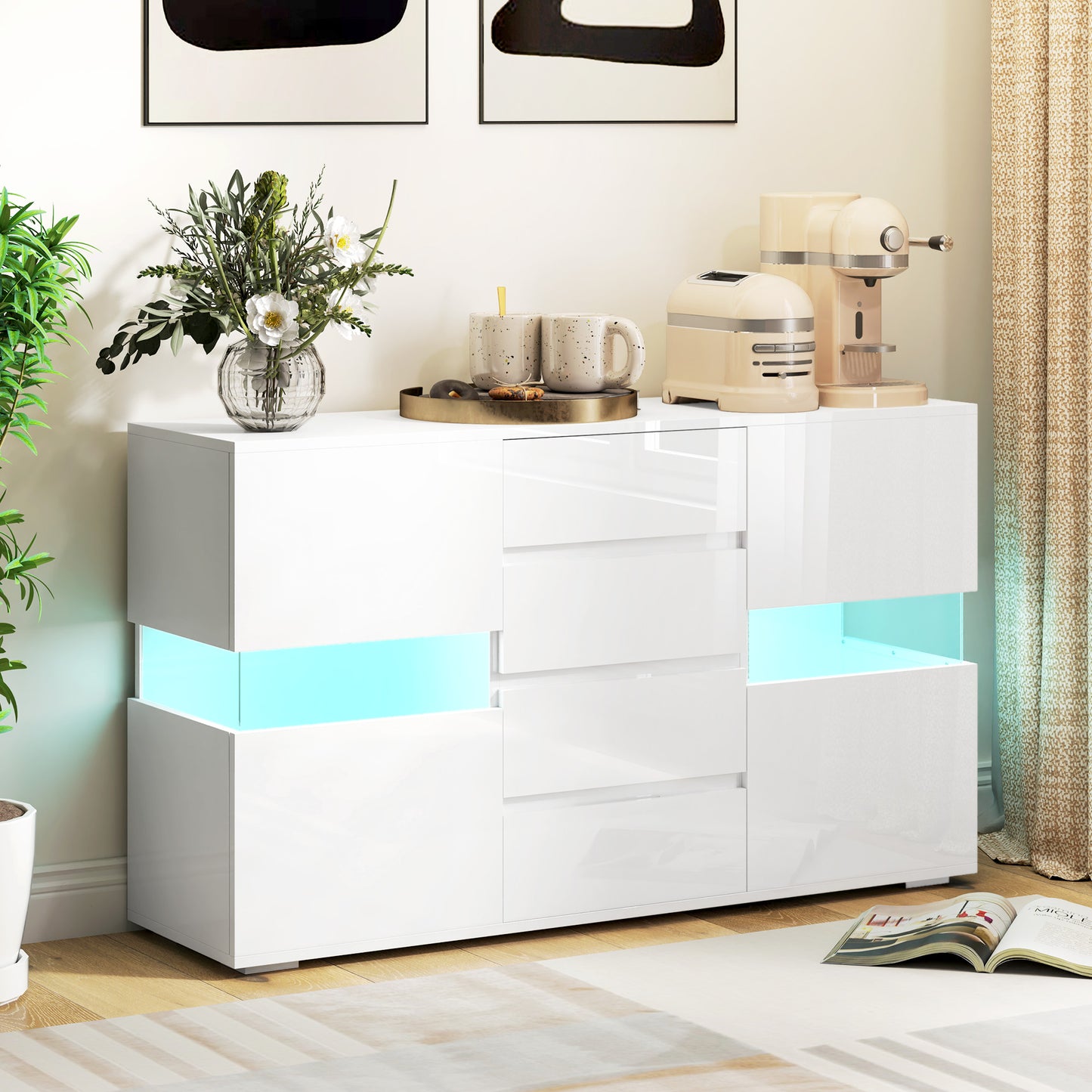 Latoli High Gloss White Sideboard With Integrated LED Lighting 4 Drawer 4 Doors