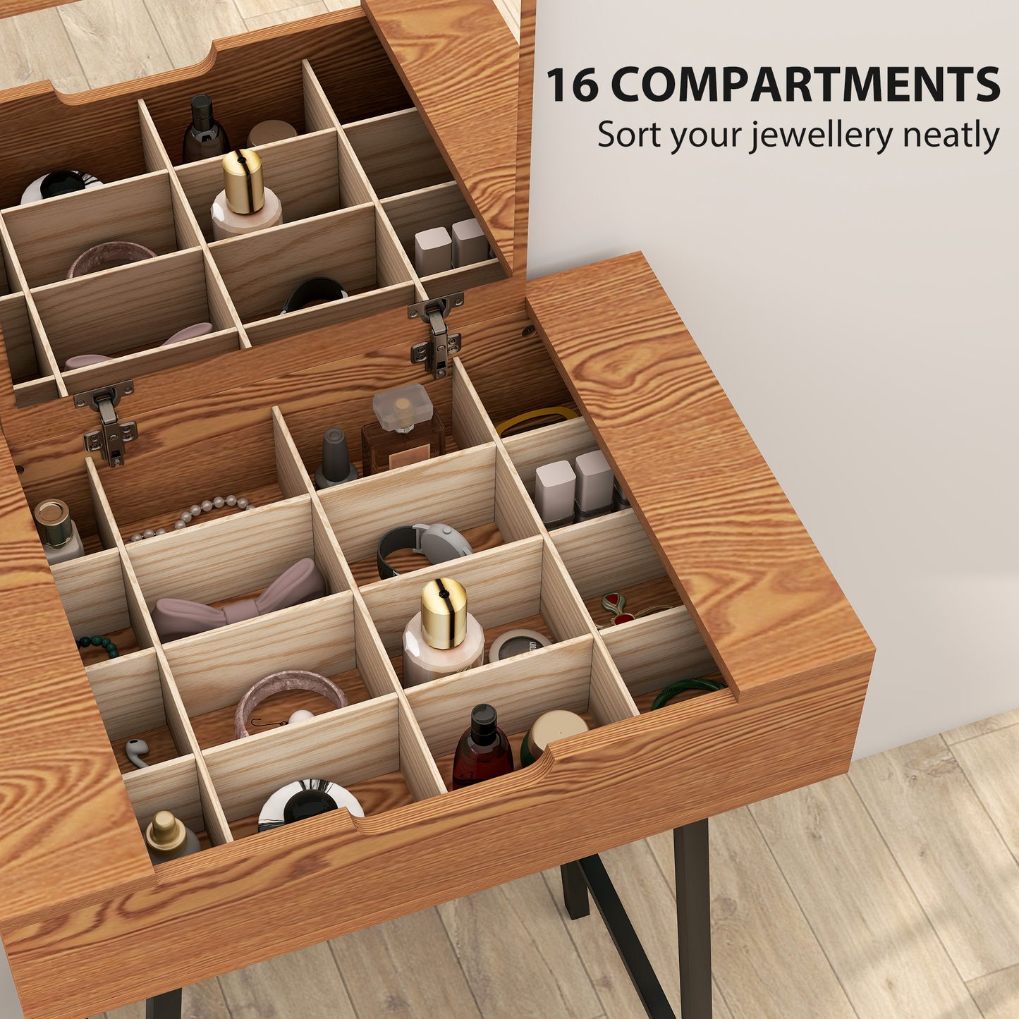 Fino Leri Natural Wood Industrial Vanity Desk With Flip Up Mirror And 6teen Storage Compartments