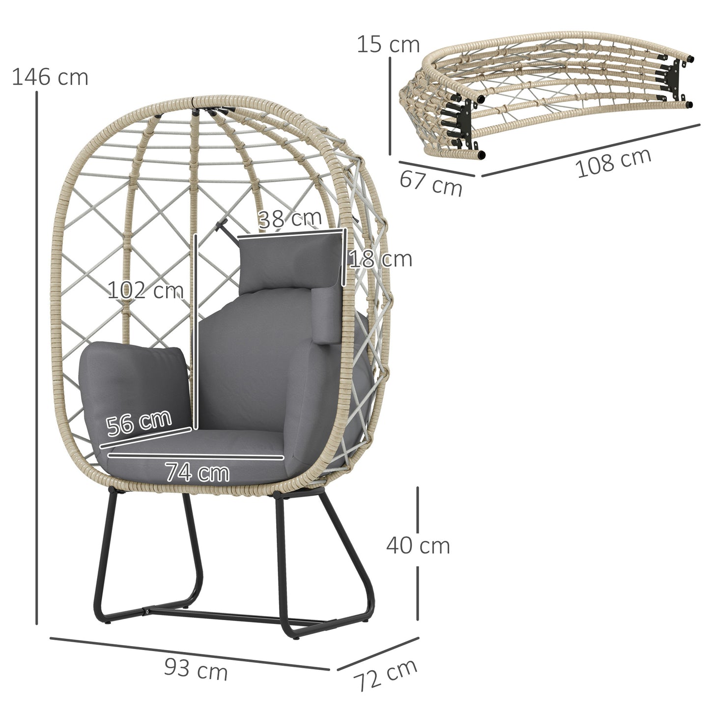 Sepano Rattan Grey Outdoor Garden Egg Chair With Cushions Headrest And Cup Holder