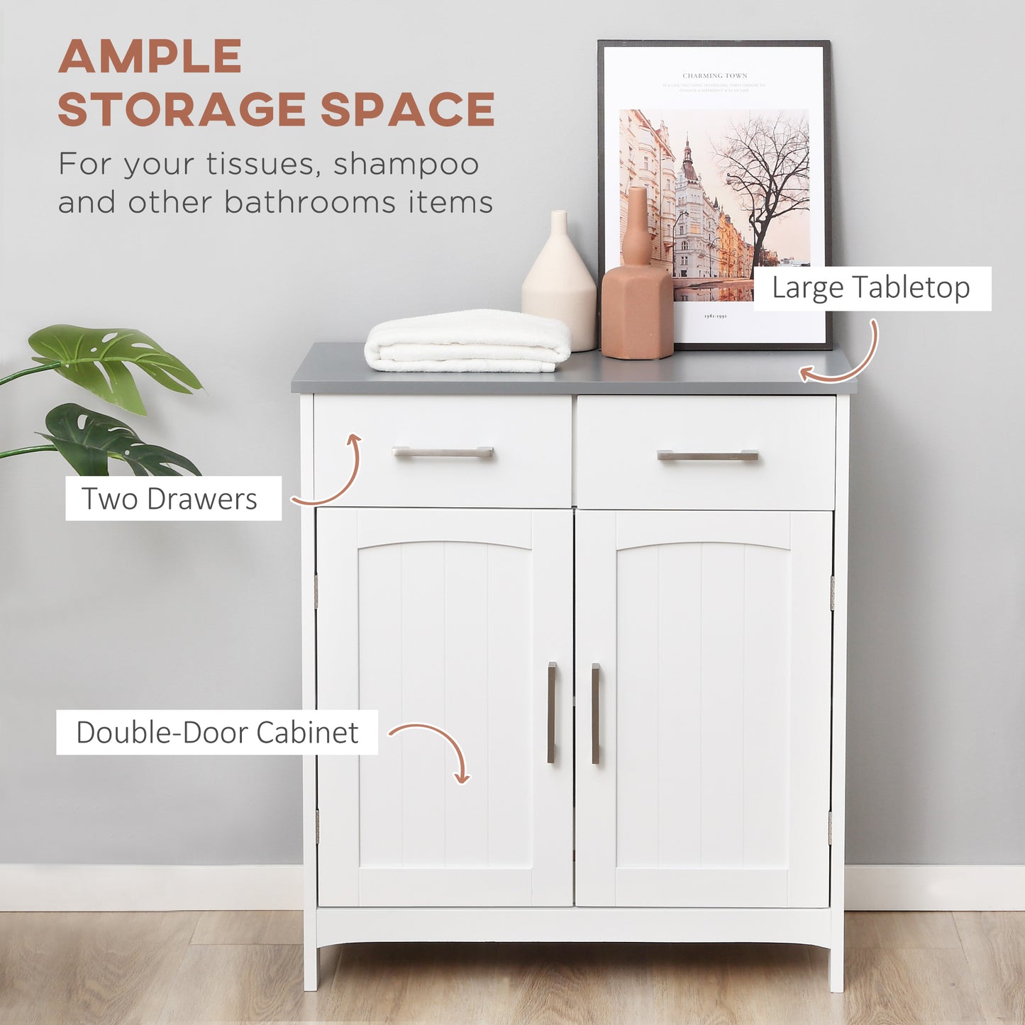 Tova White Bathroom Storage Cabinet With 2 Drawers Double Doors And Adjustable Shelves