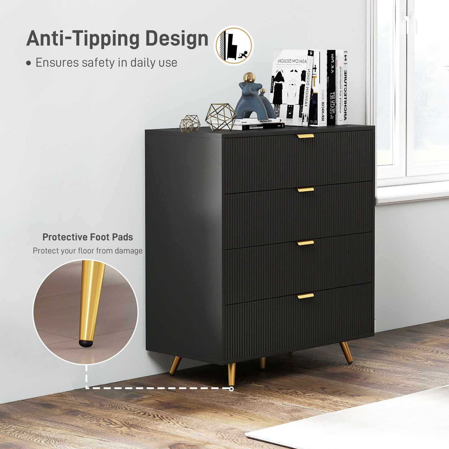 Disu Wooden Black Elegant 4 Drawer Bedside Storage Table