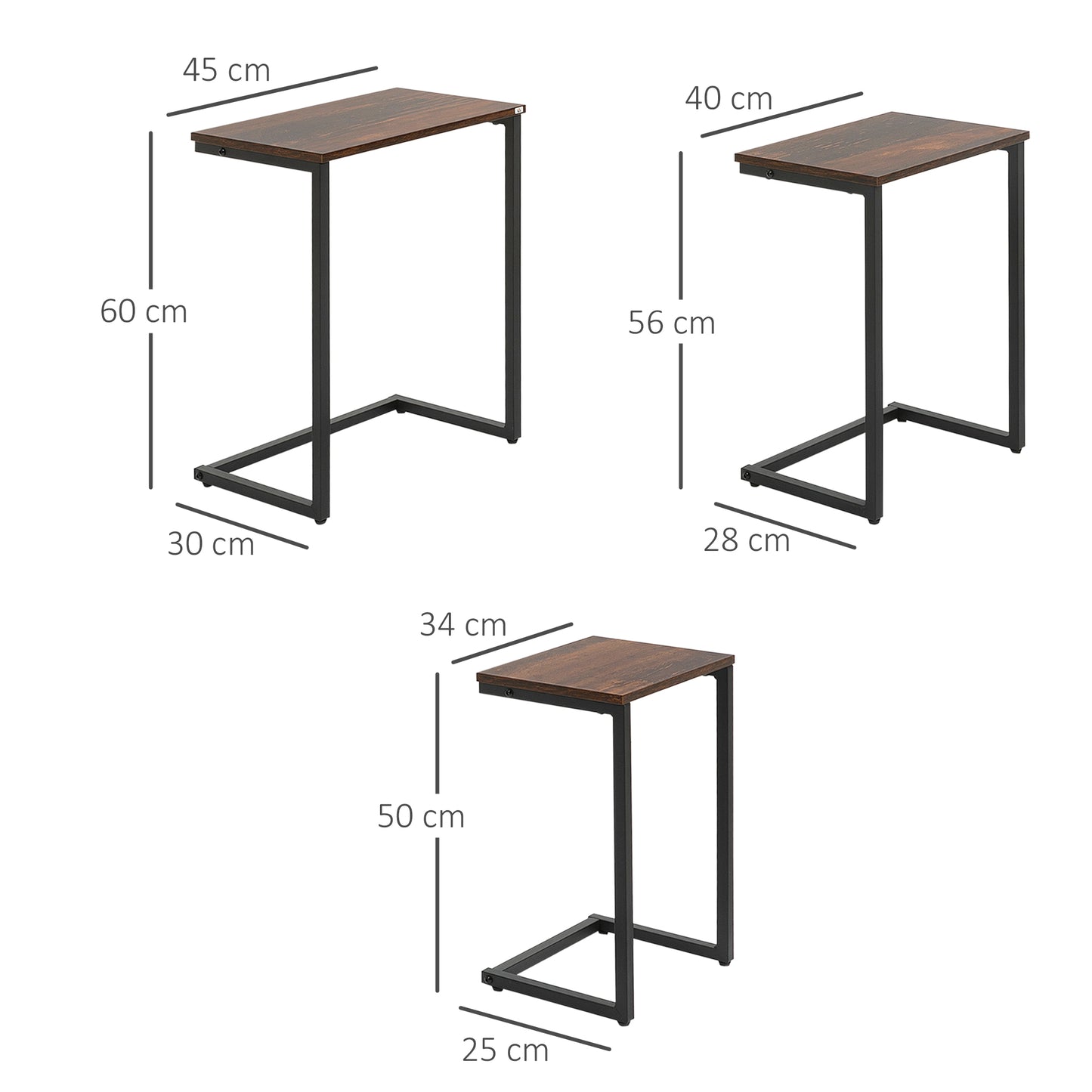 Supa Metal Rustic Brown Set Of 3 Nesting C ShaFauxd Side Tables With Steel Frame