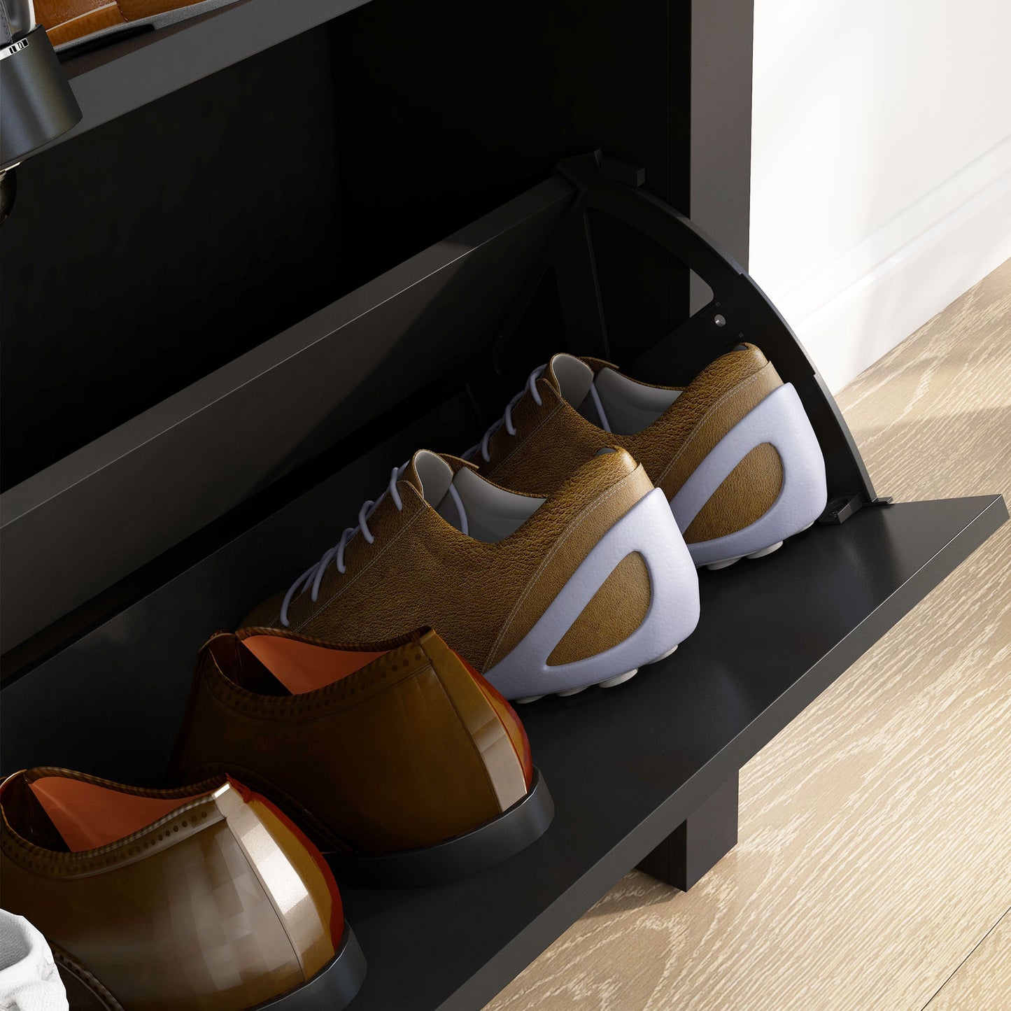 Resuka Wooden Black Slim Shoe Cabinet With 2 Flip Drawers For 6 To 12 Pairs