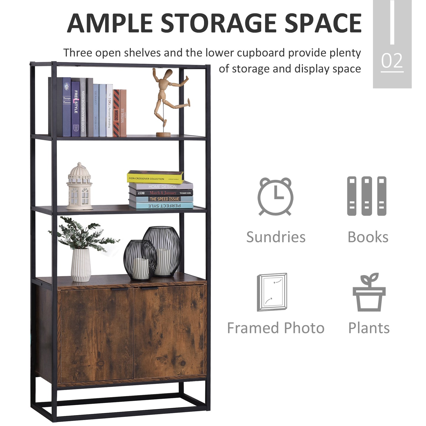 Tave Metal And Wood Rustic Brown And Black Large Industrial OFauxn Shelf Bookcase