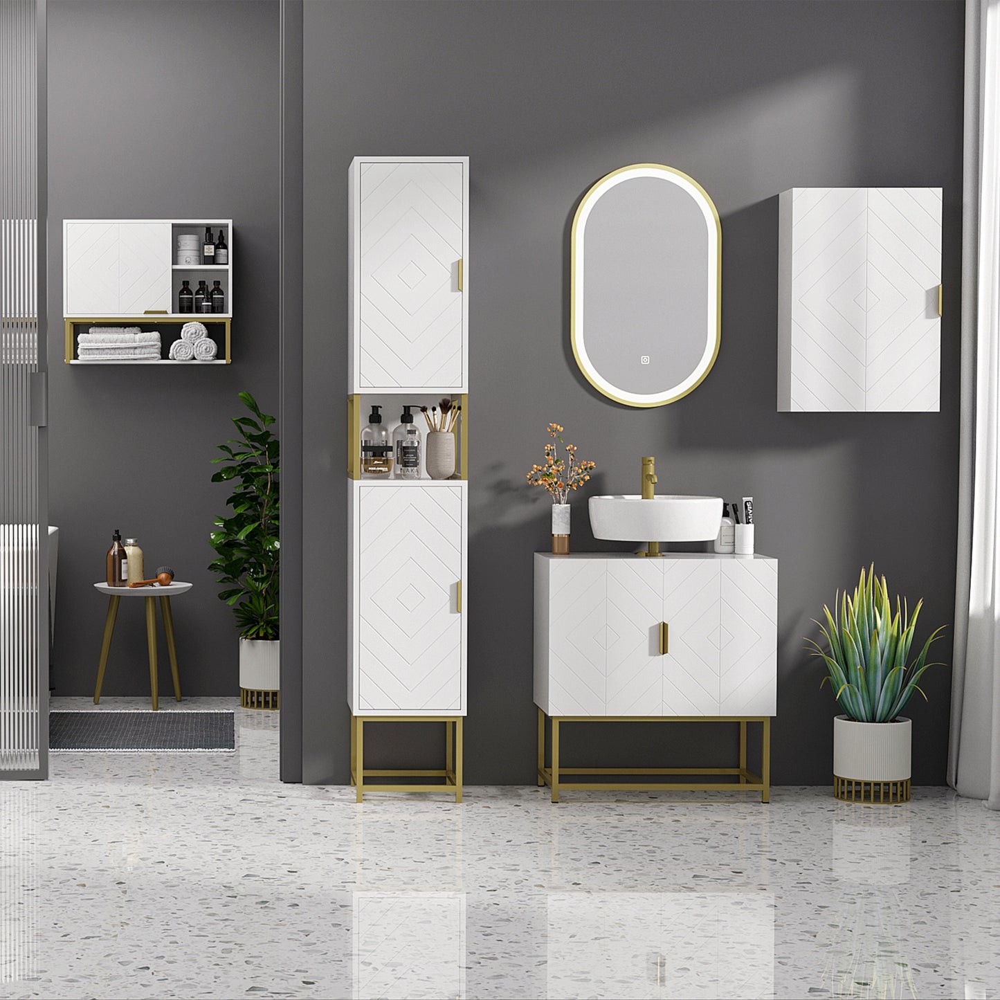 Kelano Disu 4 Piece Bathroom Furniture Set With Tall Cabinet Under Sink Unit And Wall Cabinets White