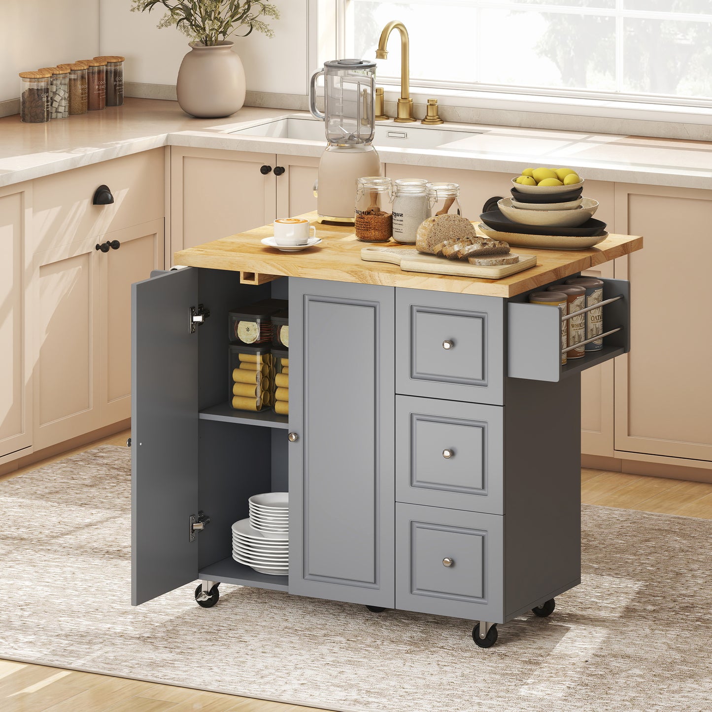Norado Grey and Natural Wooden Rolling Kitchen Island With Drop Leaf Drawer Towel And Spice Racks