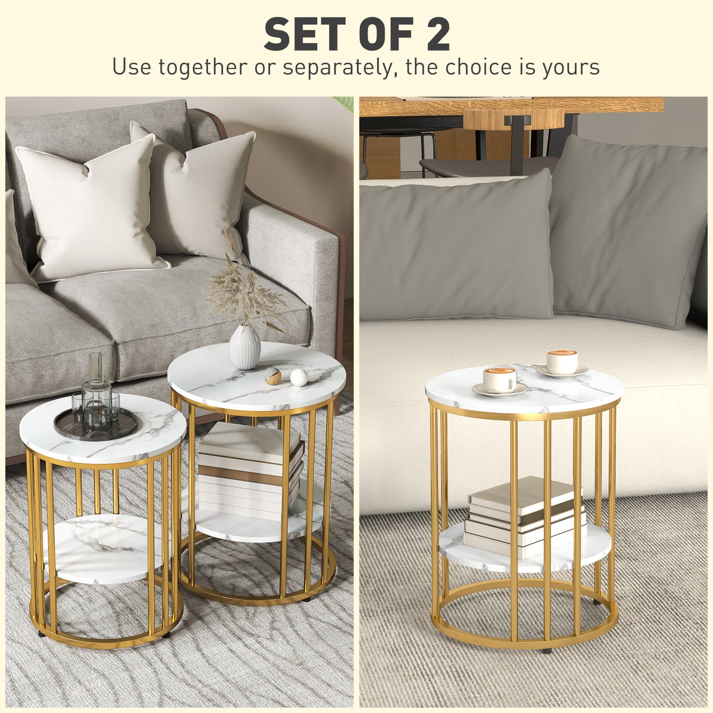 Veco Metal And Marble Effect White And Gold Tone Set Of 2 Coffee Tables