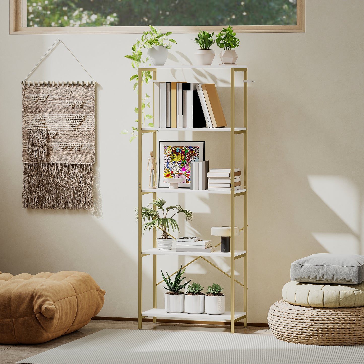 Lazila Metal And Wood White And Gold Tone 5 Tier Modern Bookcase