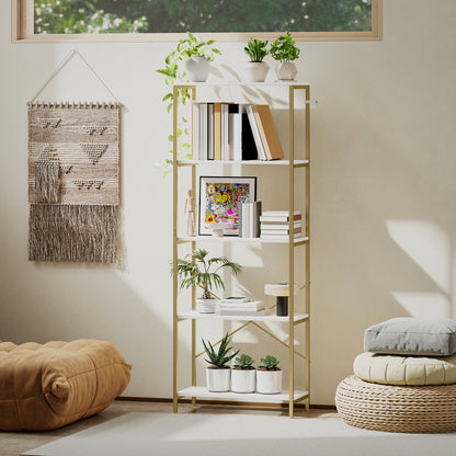Lazila Metal And Wood White And Gold Tone 5 Tier Modern Bookcase