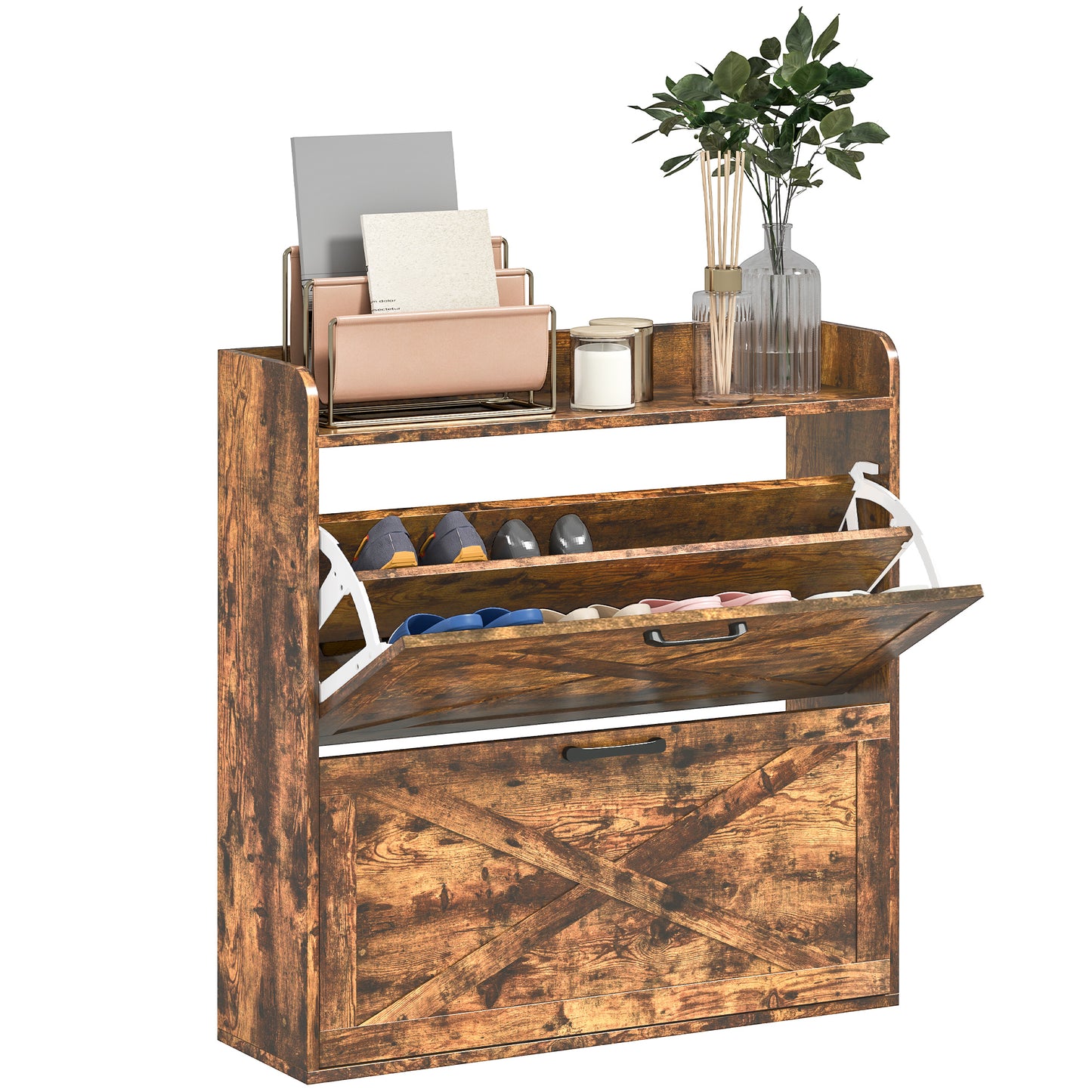 Banone Wooden Rustic Brown Narrow Shoe Cabinet With 2 Flip Drawers and Shelf