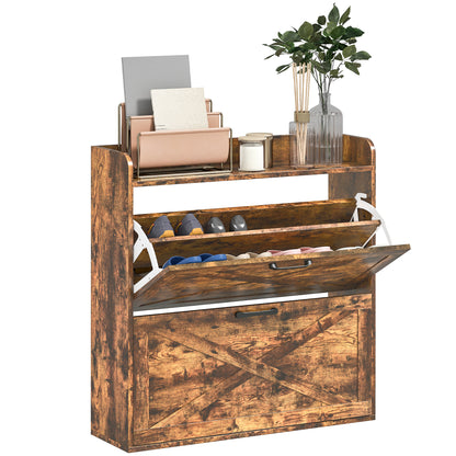 Banone Wooden Rustic Brown Narrow Shoe Cabinet With 2 Flip Drawers and Shelf