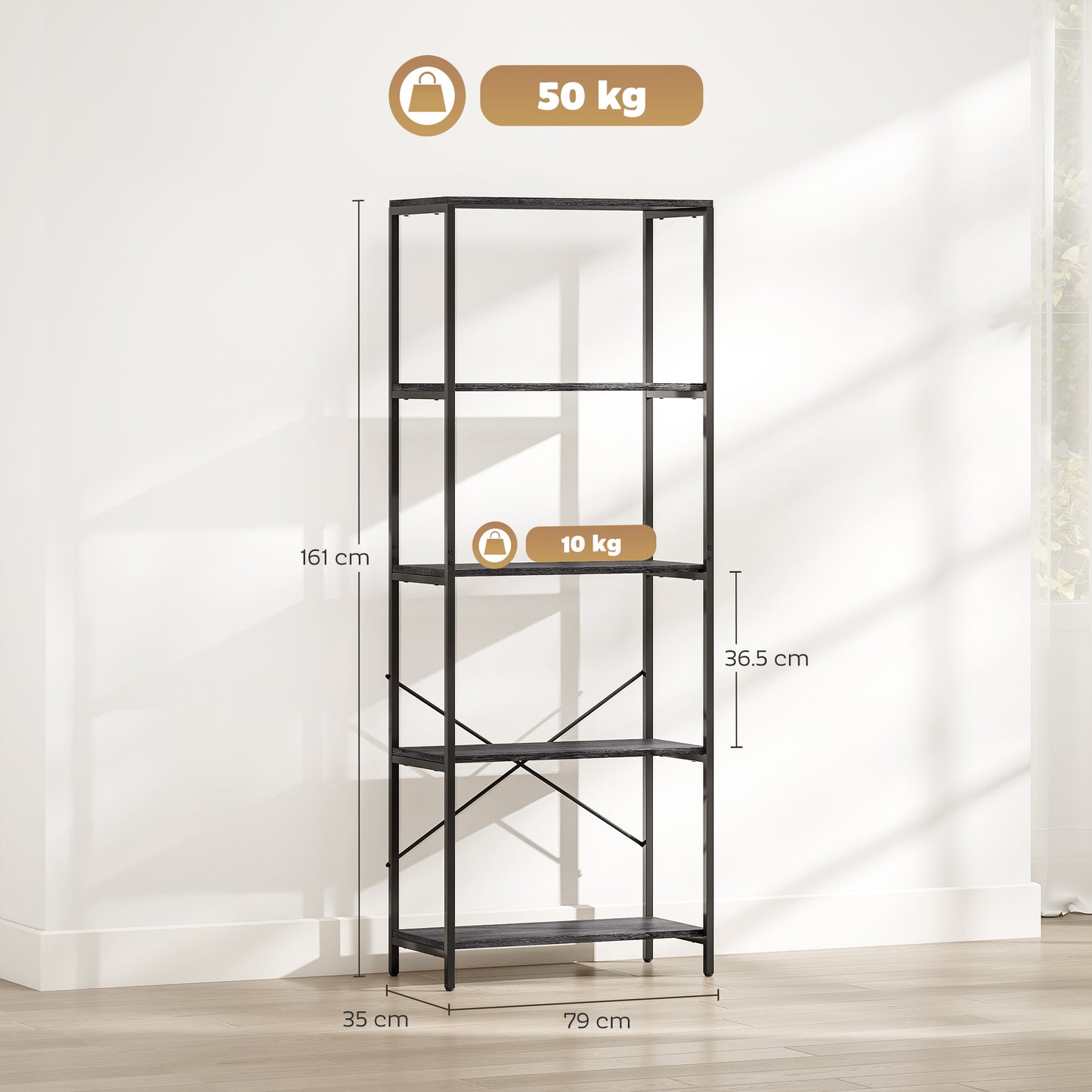 Livemi Metal And Wood Dark Grey And Black 5 Tier Industrial Bookcase