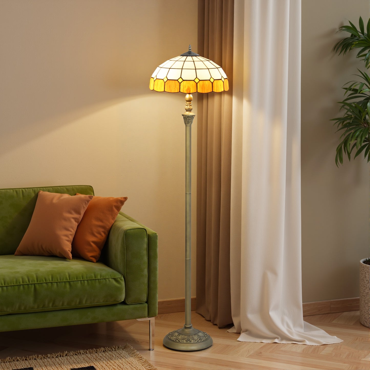 Rakelo Metal And Glass Bronze And Orange Tiffany Style Floor Lamp With Handcrafted Stained Shade