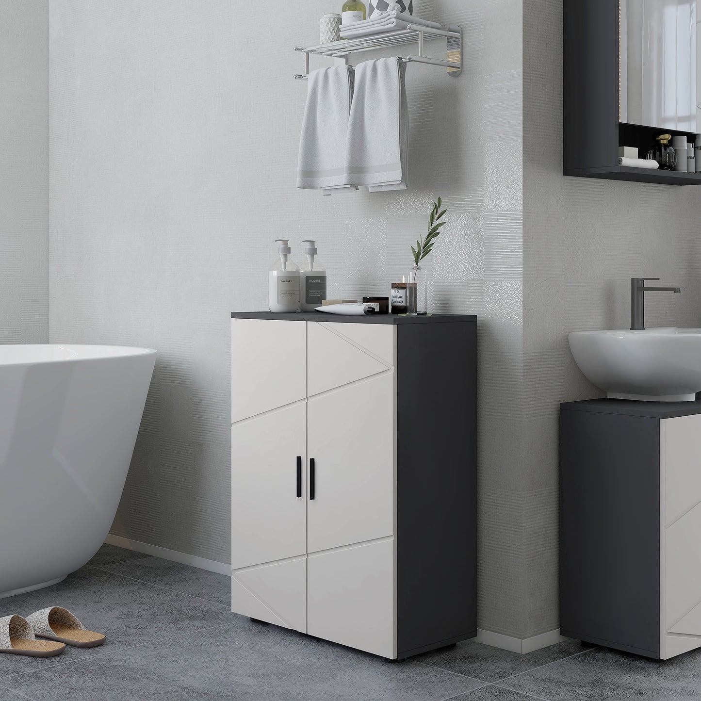 Lususa Sasu Compact Grey Bathroom Storage Cabinet With 2 Doors Adjustable Shelves And Soft Close Design
