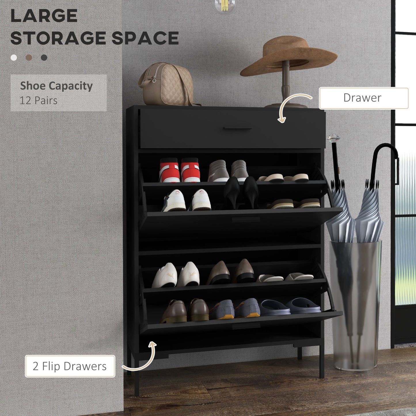 Sopane Wooden Black Slim Shoe Cabinet With 3 Drawers For 12 Pairs
