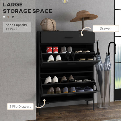 Sopane Wooden Black Slim Shoe Cabinet With 3 Drawers For 12 Pairs
