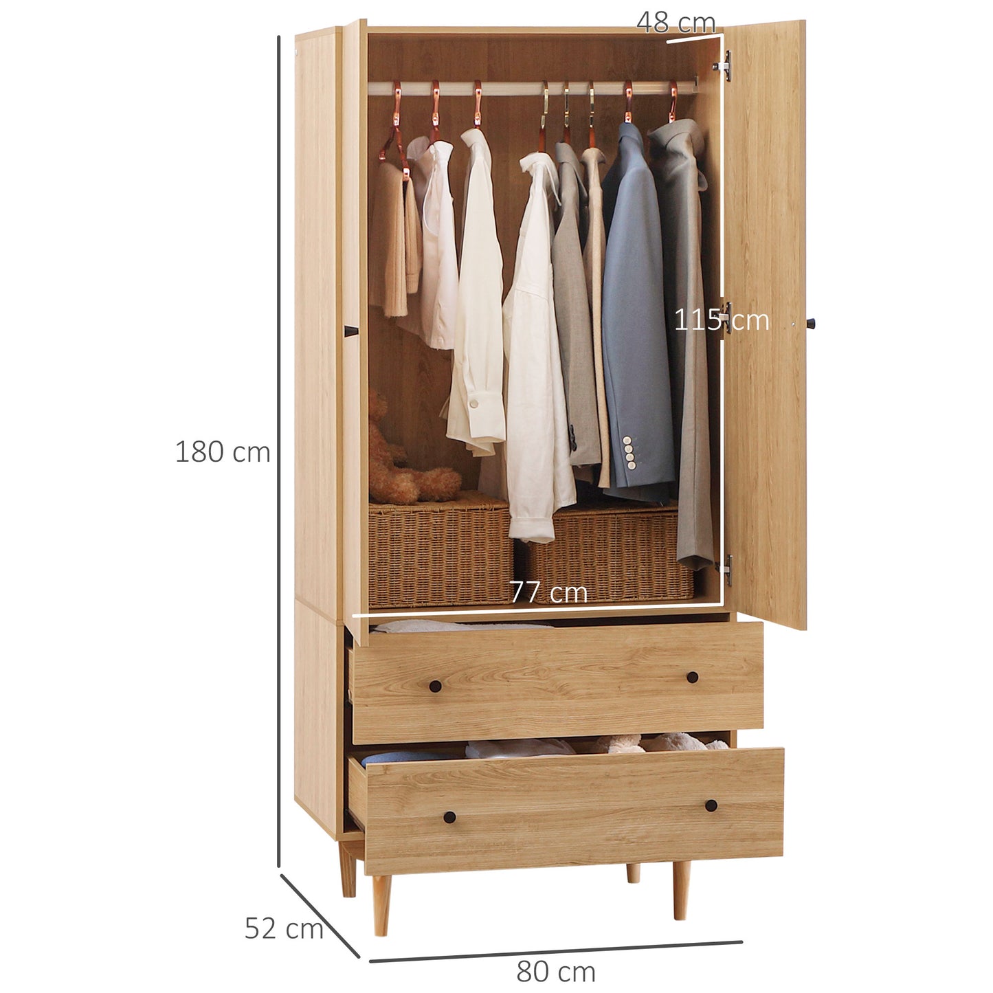 Coramar Natural Wood 2 Door Wardrobe With Hanging Rail And 2 Drawers