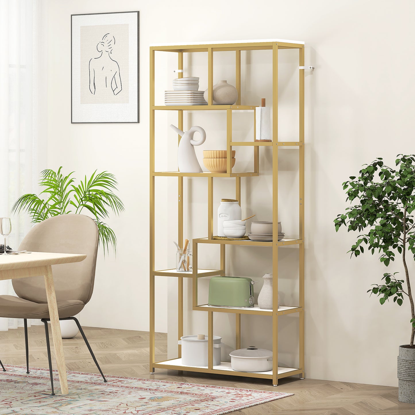 Lolaha Wood And Metal White And Gold Tone 7 Tier Geometric Display Bookcase