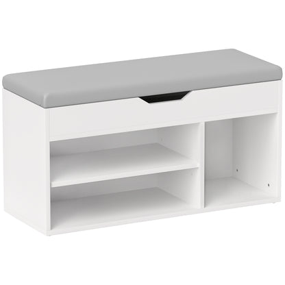Zima Wooden White Shoe Storage Bench With Hidden Compartment And Grey Padded Seat