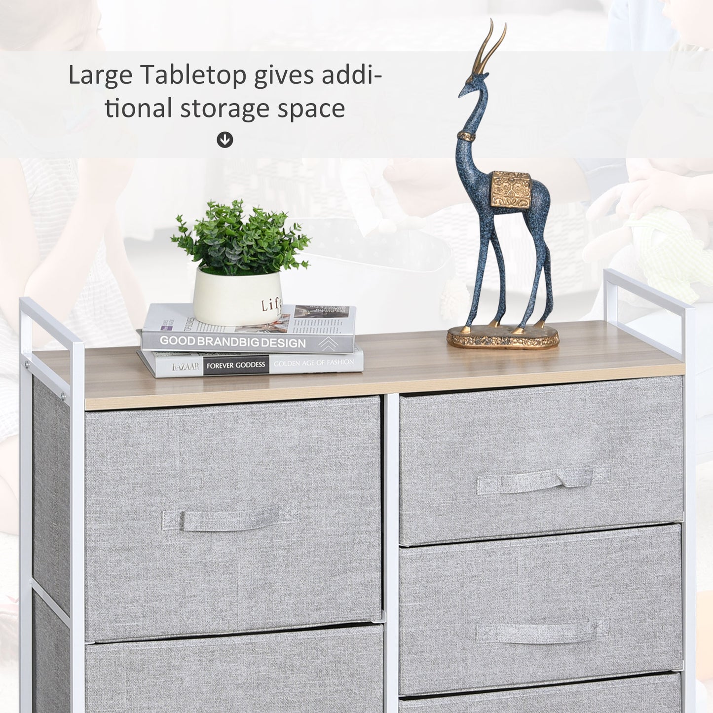 Vepapa White Metal And Grey Fabric 5 Drawer Linen Basket Storage Unit With Natural Wooden Top Shelf