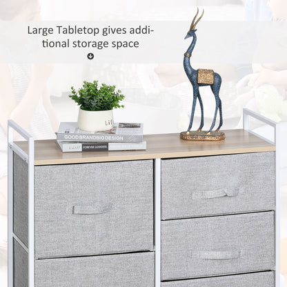Vepapa White Metal And Grey Fabric 5 Drawer Linen Basket Storage Unit With Natural Wooden Top Shelf