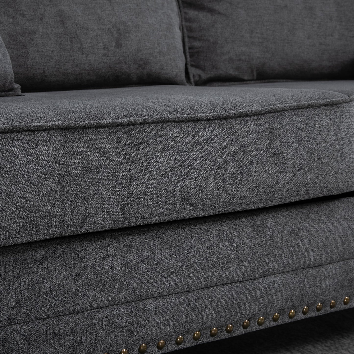 Tael Yolo Grey Fabric 3 Seater Sofa With Nail Head Trim And 2 Cushions