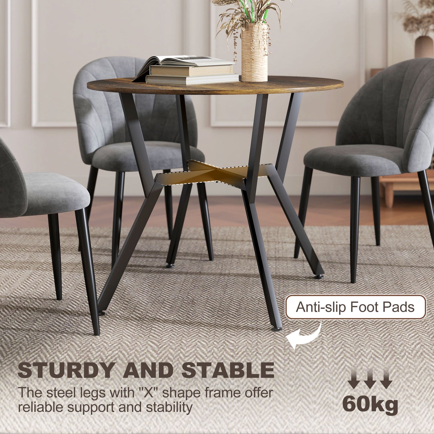 Molu Rustic Brown Round Dining Table With Black Metal Legs 90cm