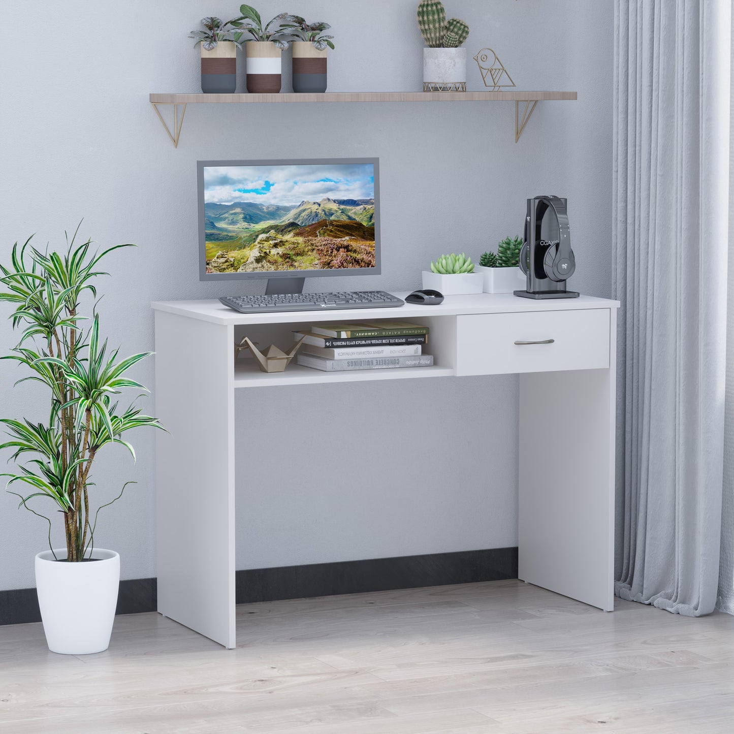 Haseva Wooden White Small Study Desk With Drawer And Storage Compartment
