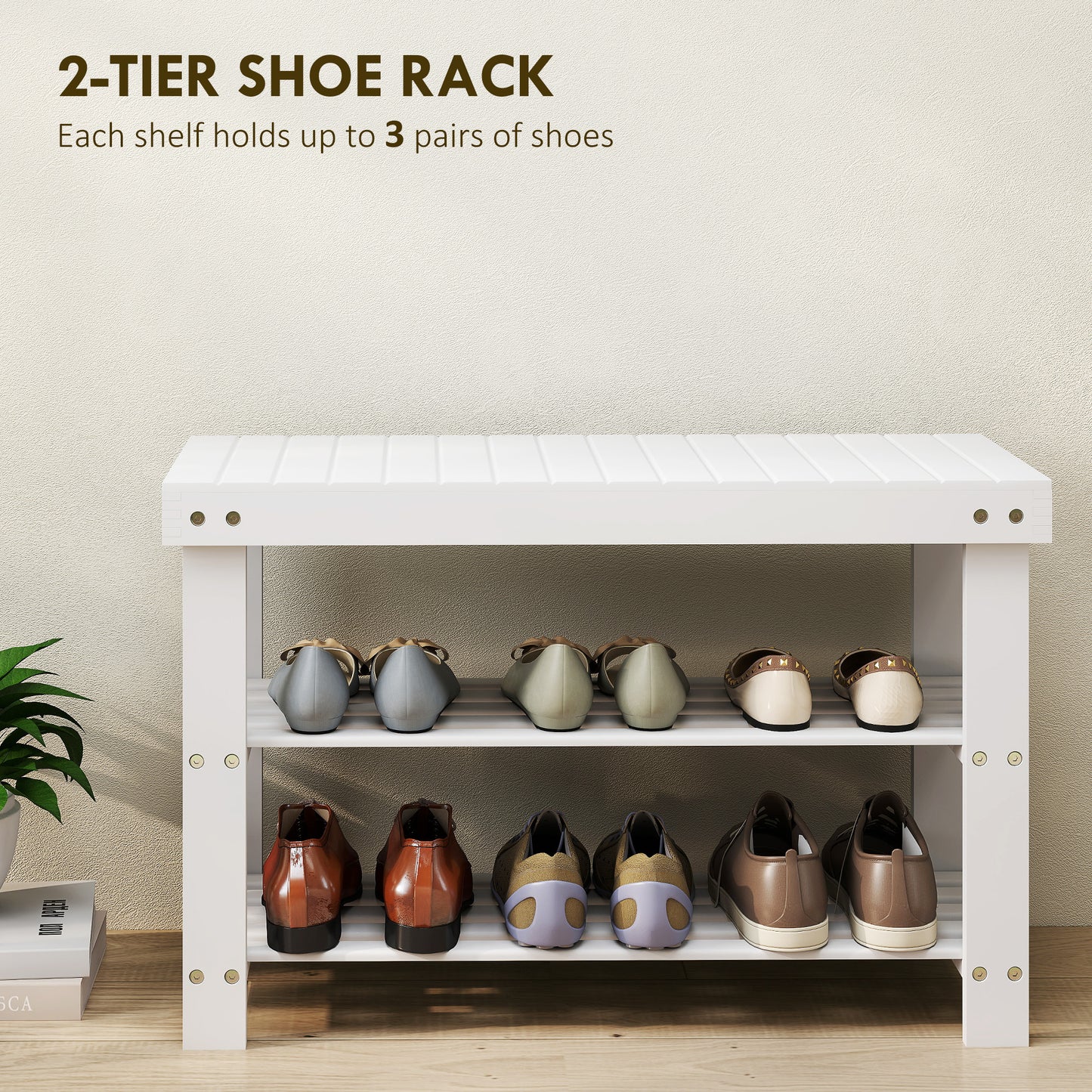 Riyo White Bamboo 2 Tier Shoe Storage Bench