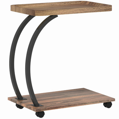 Netari Brown Wood and Black Metal 2 Tier Mobile C Shaped Side Table