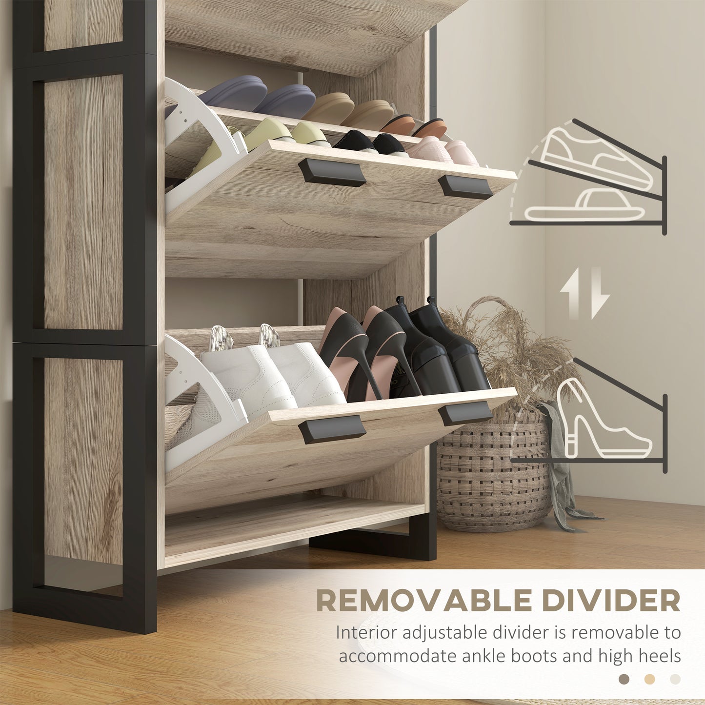 Tona Wooden Natural Wood Effect Slim Shoe Cabinet With 3 Flip Drawers For 18 Pairs