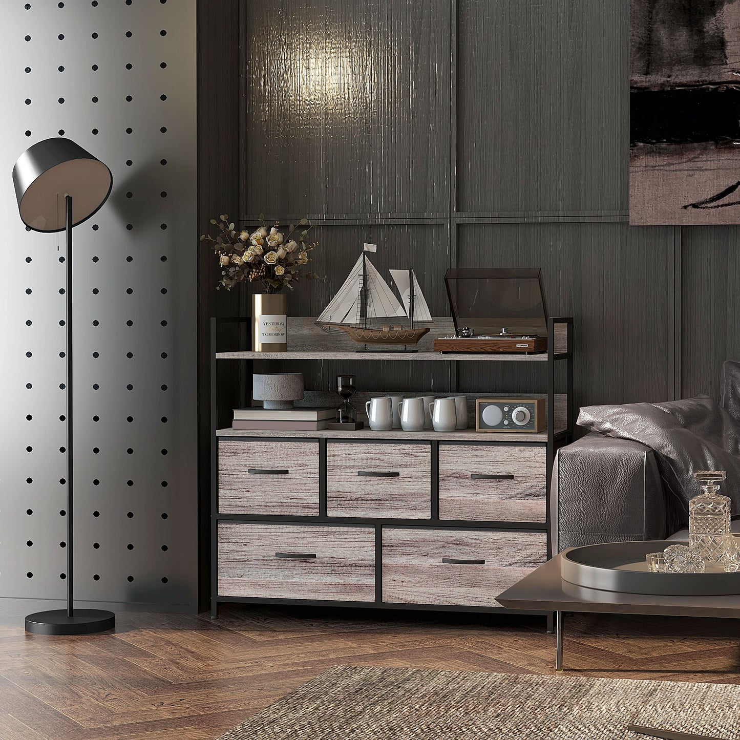 Rimo Fabric And Wood Grey Wood Effect 5 Drawer Rustic Storage Chest